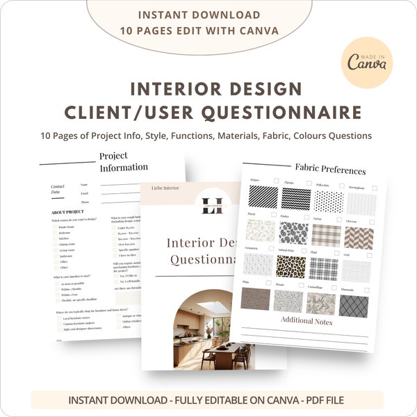 Interior Design Client Questionnaire | Fully Editable with Canva Template | Interior Design Clients Onboarding