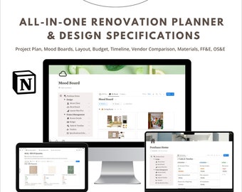 Notion Renovation Planner Template, Specifications Interior Design, Budget Timeline Tasks, Mood Board, FF&E Finish Schedule Layout FloorPlan