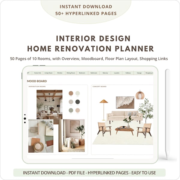 Renovation Planner Bundle Hyperlink PDF, Home Digital Interior Design Template Remodel, Home Renovation Planner All-in-One-Projektplaner