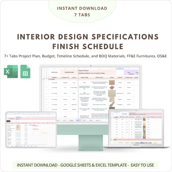 Interior Design Specification Template Renovation Planner Timeline Budget Google Sheets Excel FF&E Finish Schedule Template Spreadsheets