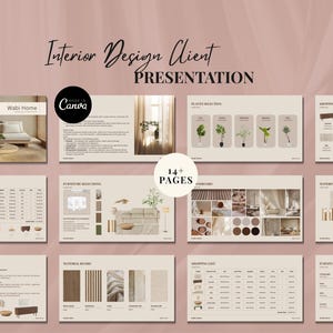 May include: A digital presentation titled "Interior Design Client Presentation" with multiple pages showcasing interior design concepts, furniture selections, and shopping lists. The presentation includes the Canva logo and the text "14+ Pages".