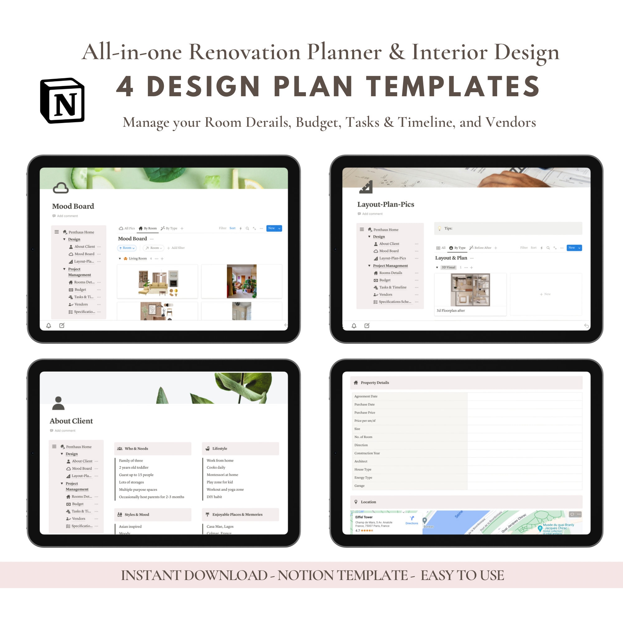 Notion Renovation Planner Template: Interior Design Specifications ...