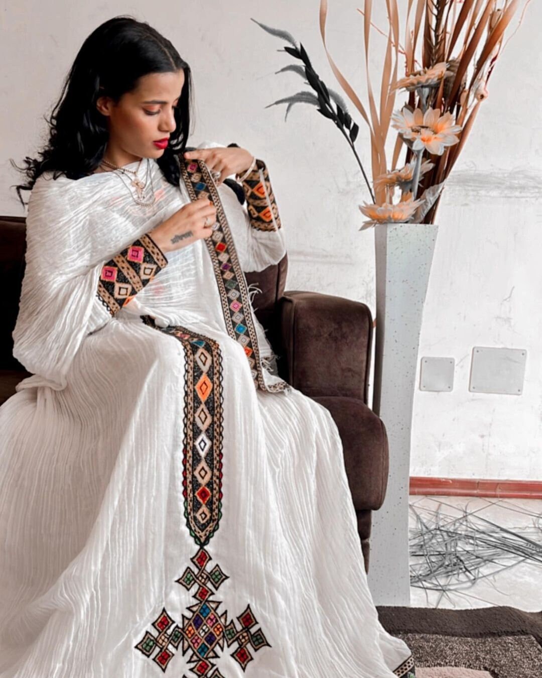 Orange Tilf Axum Habesha Dress with Hand Embroidery main image 1