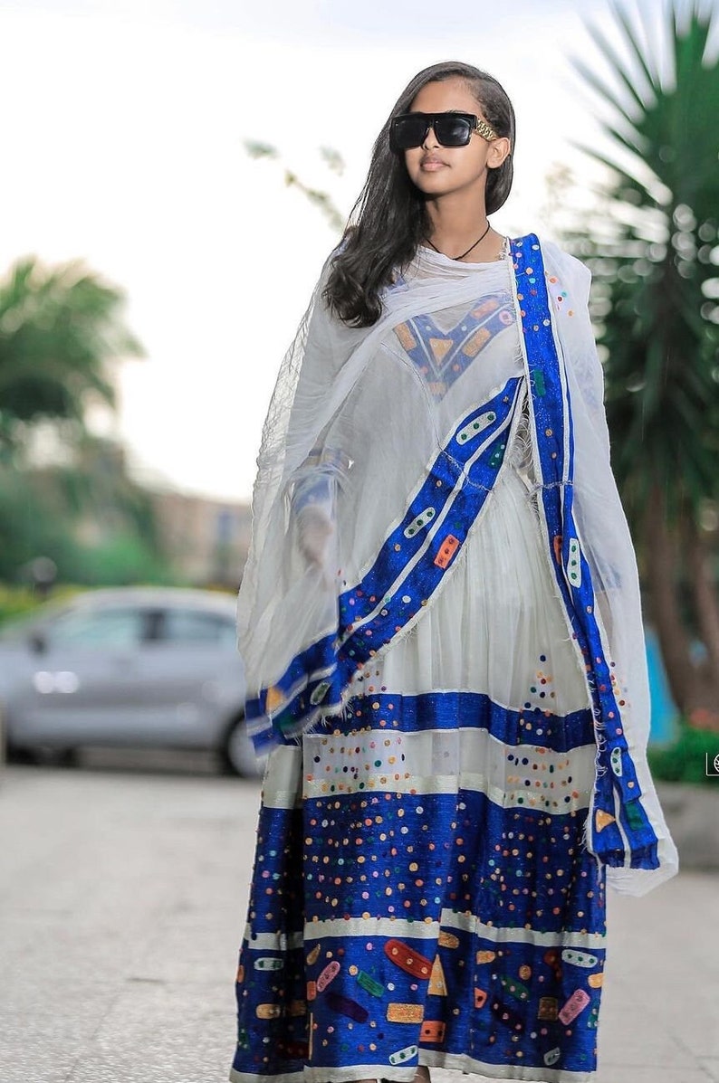 Geometric Red & Blue Habesha Clothing Design with Sleeveless Bodice main image 1