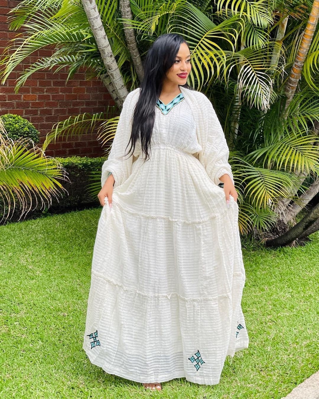 Simple Habesha Dress With Delicate Light Blue Designs Habesha Kemis