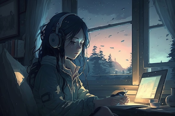 weak-caribou574: a girl [anime-style] using headphones, listenning lo-fi  music, picture for profile.