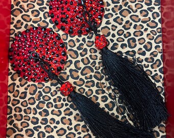 Black and red rhinestone tassels