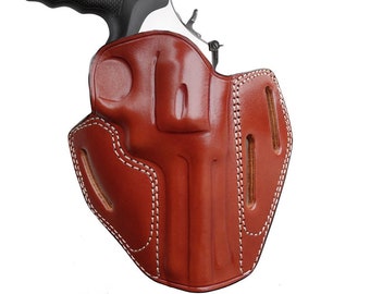 Handmade Leather OWB Holster, Fits S&W, Colt, Ruger Revolvers (6 Round - 4 inches)