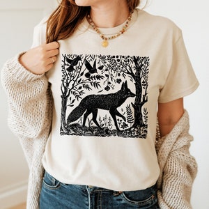 Folklore Forest Fox Shirt, Folk Art Fox T-shirt, Cottagecore Aesthetic Tee, Vintage Forestcore Sweatshirt, Wild Animal Shirt, Folklore Fox