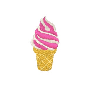 Puede incluir: Un cono de helado de soft serve de color rosa y blanco con un cono de waffle.