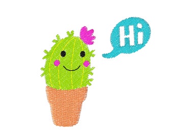 Mini Cactus Hi Embroidery File * Instant download file for embroidery machines cute little plant with speech bubble desert plant in kawaii style