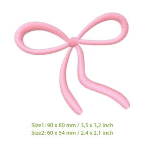 May include: A pink satin bow with two loops and a single tail. The bow is approximately 90 mm wide and 80 mm tall.