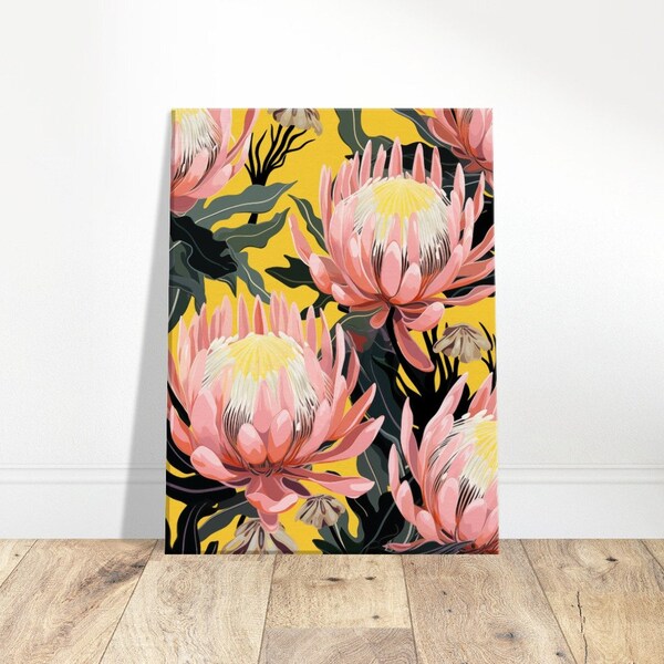 Levendige roze Protea uitgerekt canvas print, klaar om kunst aan de muur op te hangen, Western Cape Fauna - gedurfde interieurdecoratie - mooi cadeau