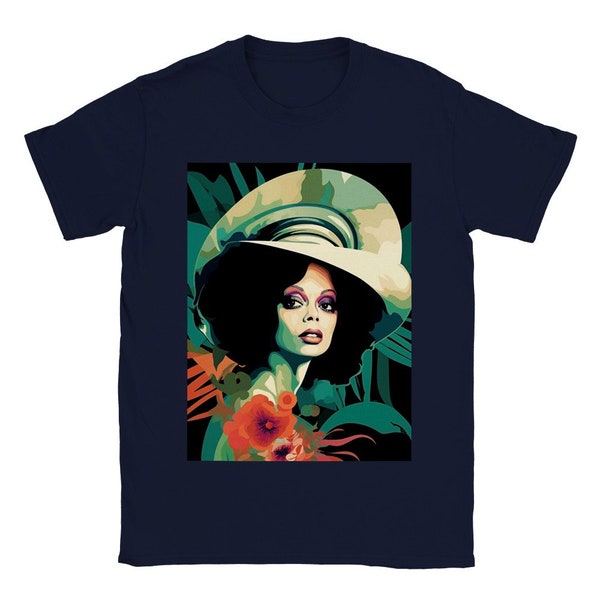 Retro Diana Ross Classic Unisex Crewneck T-shirt, Short Sleeve Comfy Fit T-shirt, Sizes S to 3XL in 10 Colors, Bold Art Deco Vibes