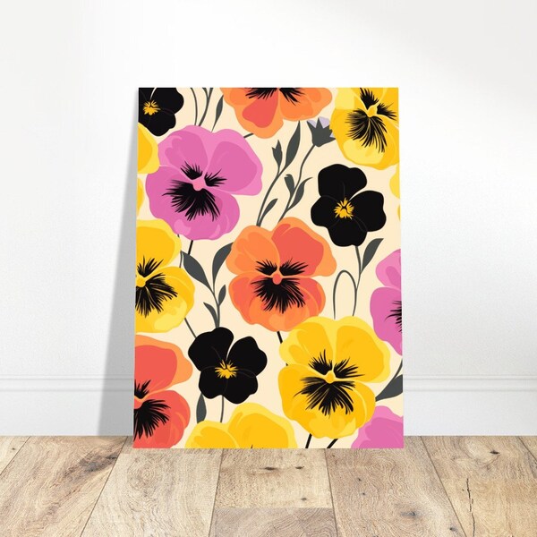 Vibrant Colorful Pansies - Premium Matte Paper Poster - Bold Floral Design - Contemporary Interior Home Décor Nature Inspired Art Work Gift