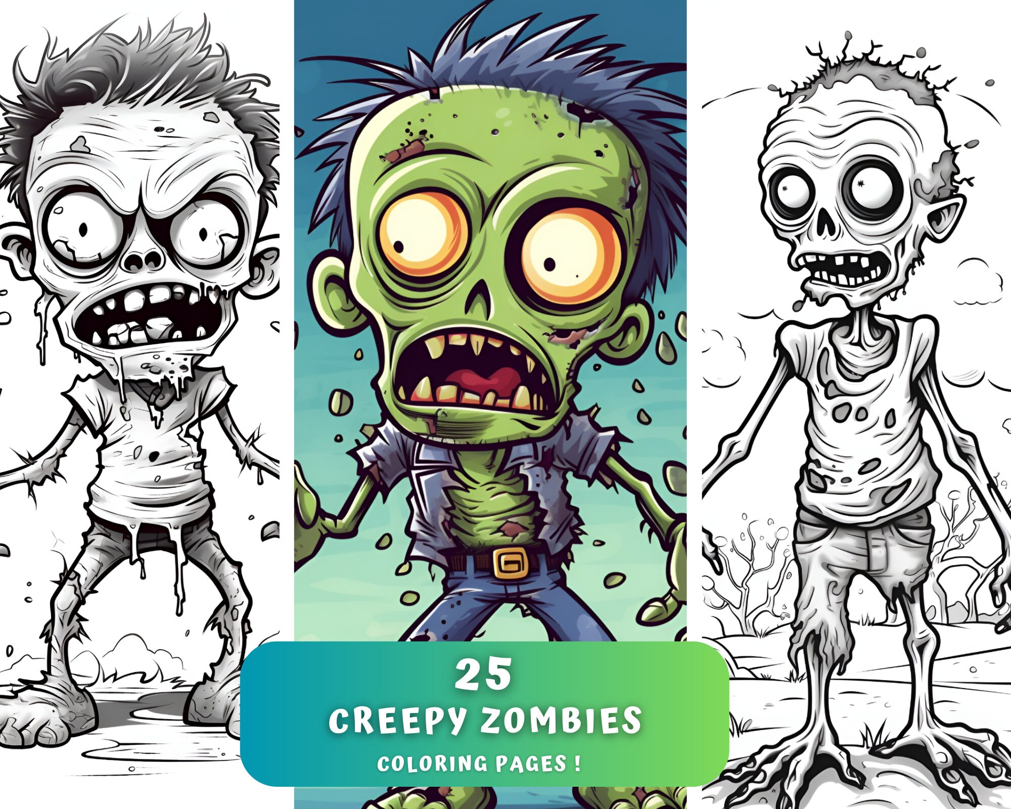 MAXI PACK 25 Creepy Zombies Coloring Pages Printable Digital Coloring ...