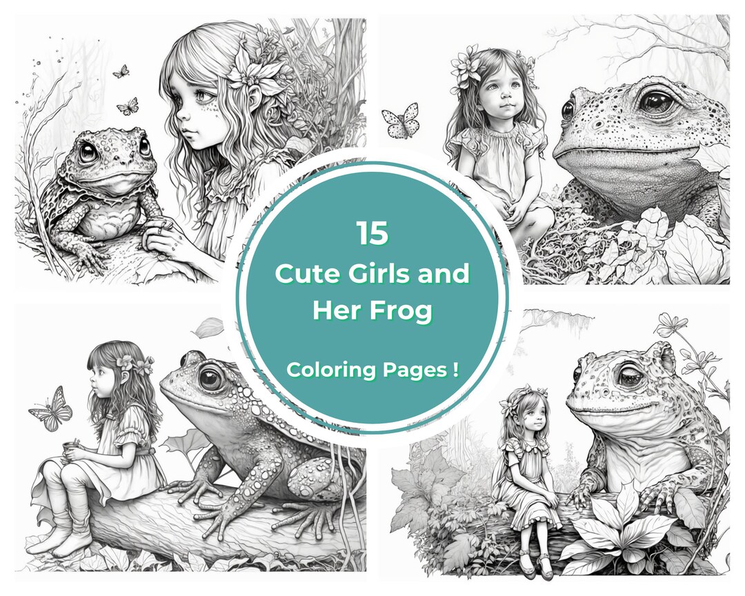 MAXI PACK 15 Cute Girls and Her Frog Coloring Pages Printable Digital ...