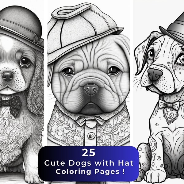 MAXI PACK - 25 Cute Dogs with Hat Coloring Pages ! | Printable Digital Coloring | Digital Download