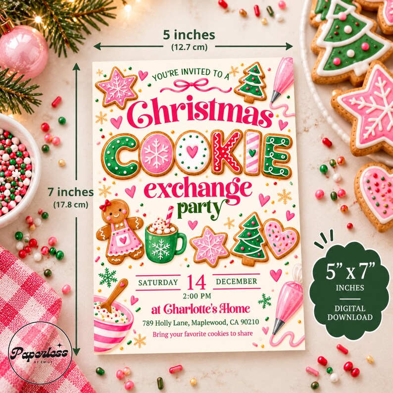 Pink Christmas Cookie Exchange Party Invitation, Editable Cookie Swap ...