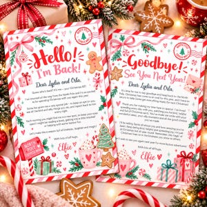 May include: Two rectangular Christmas cards with red and white striped borders. The left card says Hello! I'm Back! Dear Lydia and Orla, and the right card says Goodbye! See You Next Year! Dear Lydia and Orla, featuring gingerbread and gift illustrations.