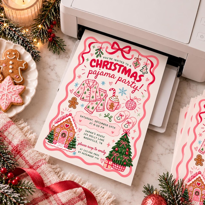 Editable Christmas Pajama Party Invitation, Pink Gingerbread Sleepover ...