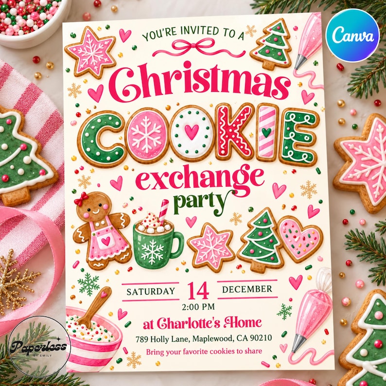Pink Christmas Cookie Exchange Party Invitation, Editable Cookie Swap ...