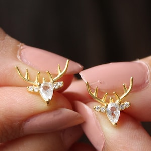 Deer Earrings: 925 Sterling Silver, 14K Gold Plated Christmas Jewelry