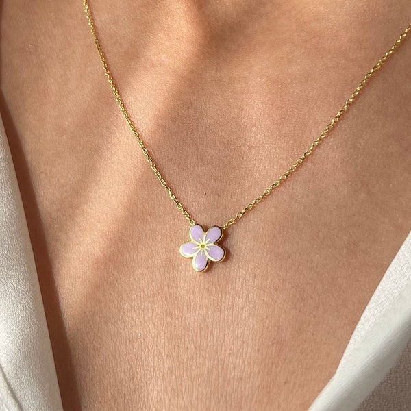 Purple Flower Necklace • 14K Gold Plated • Violet Pendant • 925 Silver • Simple Jewelry • Gift for Her • Minimalist Gift • Stylish Jewelry
