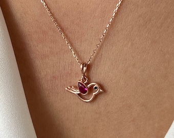 Bird Necklace • 14K Gold Plated • Red Stone Bird Necklace • 925 Silver • Bird Pendant • Cute Jewelry • Red Necklace • Red Bird Gift