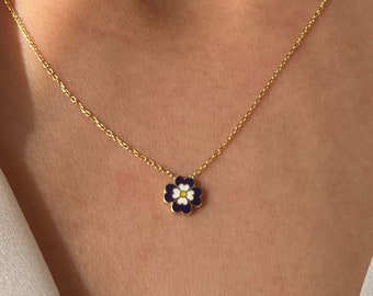 Violet Necklace • 14K Gold Plated • Blue Flower Pendant • 925 Silver • Dark Blue Jewelry • Gift for Kids • Minimalist Gift for Her