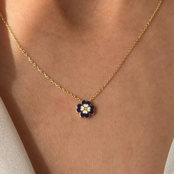 Violette Halskette • 14K Vergoldet • Blauer Blumen Anhänger • 925 Silber • Dunkelblauer Schmuck • Geschenk für Kinder • Minimalistisches Geschenk für Sie