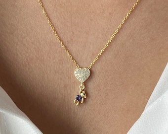 Teddy Bear Necklace: 14K Gold Heart Pendant, Daughter Gift