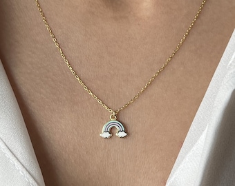 14K Gold Rainbow Necklace: Enamel Cloud Pendant, Sterling Silver
