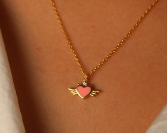 Collar de ángel con corazón rosa bañado en oro, plata 925, joyería del amor