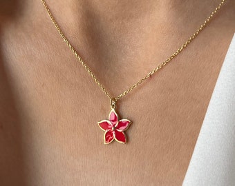 Red Flower Necklace • 925 Silver • Spring Jewelry • 14K Gold Plated • Flower Pendant  • Christmas Necklace • Minimalist Gift • Red Jewelry