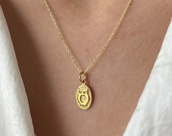 14K Gold Plated Owl Necklace Sterling Silver Pendant, Handmade Jewelry