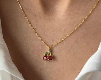 Cherry Necklace • 14K Gold Plated • Cherry Pendant • Fruit Jewelry • Colorful Necklace • Woman Jewelry • Easter Gift • Jewelry for Her