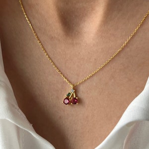Cherry Necklace • 14K Gold Plated • Cherry Pendant • Fruit Jewelry • Colorful Necklace • Woman Jewelry • Easter Gift • Jewelry for Her
