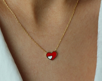 Doppel Herz Halskette • 14K Vergoldet • Rot Weiß Halskette • Zwei Herzen Halskette • Geschenk für Freundin • Liebe Anhänger • Geschenk für Sie