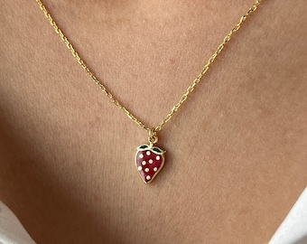 Strawberry Necklace • 14K Gold Plated • Strawberry Jewelry • Strawberry Pendant • Cute Jewelry • Easter Gift • Berry Necklace