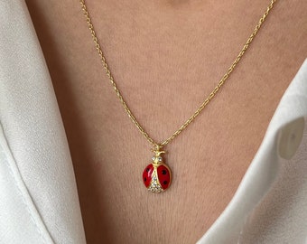 Collar de mariquita: colgante de esmalte bañado en oro de 14 quilates, plata de ley