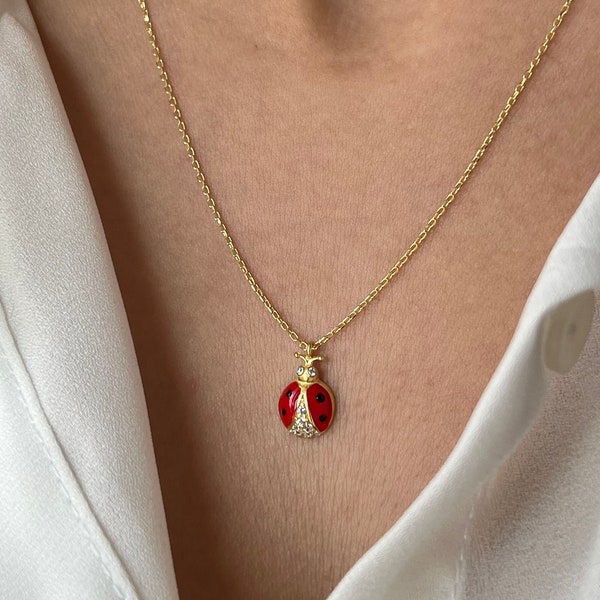 Ladybug Necklace • 14K Gold Plated • Natural Enamel Necklace • Cute Ladybug Pendant • Ladybird Pendant • Valentines Day Gift • Luck Necklace
