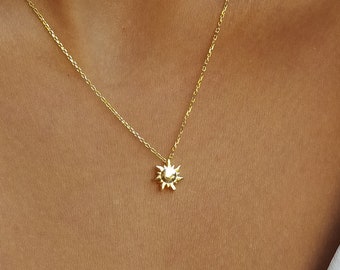 Sonne Halskette • 14K Gold • Anhänger Sonne • Minimalistische Halskette • Geschenk für Sie • Natur Halskette • Brautjungfer Geschenk • Frauen Halskette • Nettes Geschenk