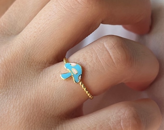 Anel Cogumelo • Prata 925 • Anéis Coloridos • Banhado a Ouro 14K • Anel Azul • Joias Infantis • Anel Estiloso • Presente para Ela • Presente de Natal