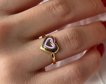 Bague coeur • Plaqué or 14 carats • Bague coeur rose détaillée • Argent 925 • Bagues amour • Bijoux éternels • Bague élégante • Cadeau de Noël