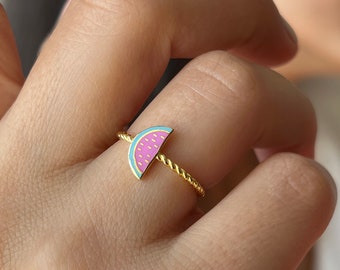 Watermelon Ring: 14K Gold Plated 925 Silver, Enamel Fruit Jewelry