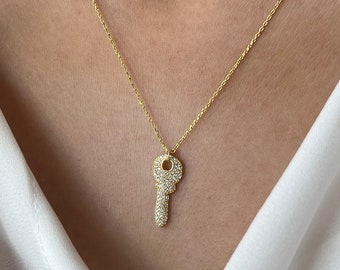 Key Necklace • 14K Gold Plated • Stoned Key Pendant • 925 Silver • Love Jewelry • Gift for Her • Minimalist Gift for Her