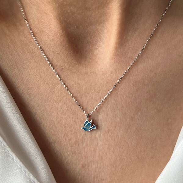 Bird Necklace • 14K Gold Plated • Blue Enamel Necklace • 925 Silver • Bird Pendant • Cute Jewelry • Blue Necklace • Blue Bird Gift