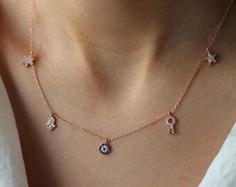 Collar con dije de mal de ojo: colgante de plata 925 bañado en oro de 18 quilates