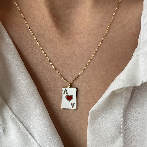 Playing Cards Necklace • 14K Gold Plated • Custom Necklace • 925 Silver • Ace Necklace • Ace of Hearts Necklace • Lovers Gift • For Him